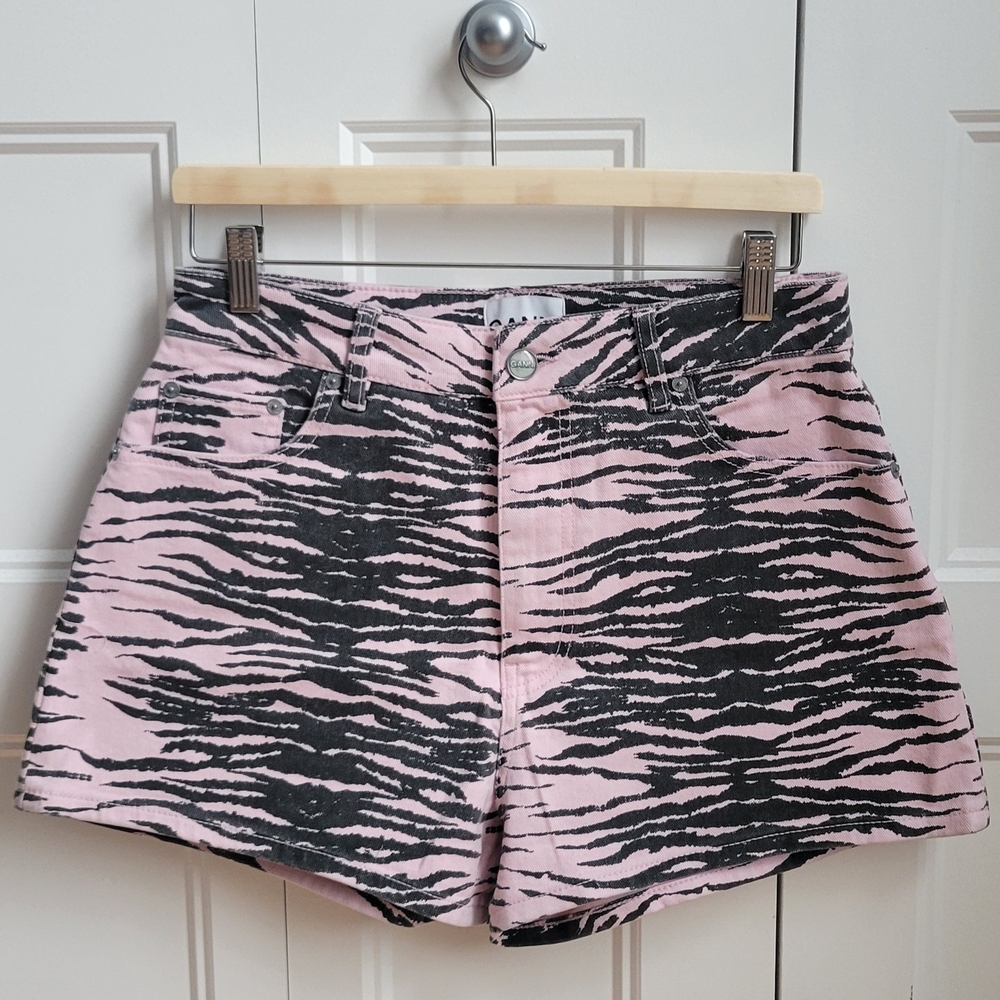 Ganni Pink and Black Zebra-Print Denim Shorts